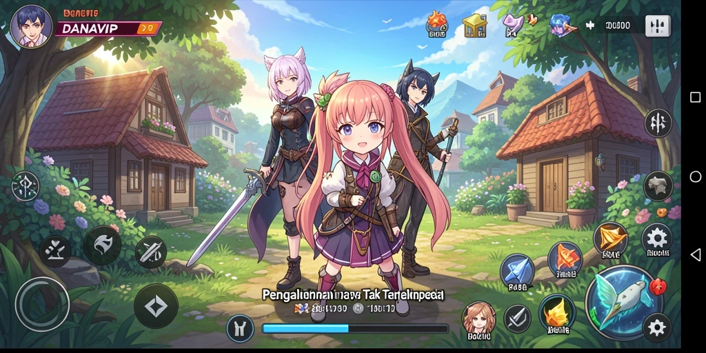 Screenshot gameplay DANAVIP menampilkan karakter anime yang dinamis dan beraksi.