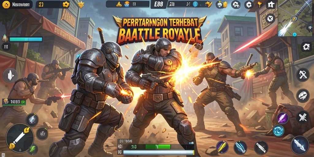 Gambar menunjukkan aksi intens dalam gameplay E88 Battle Royale.