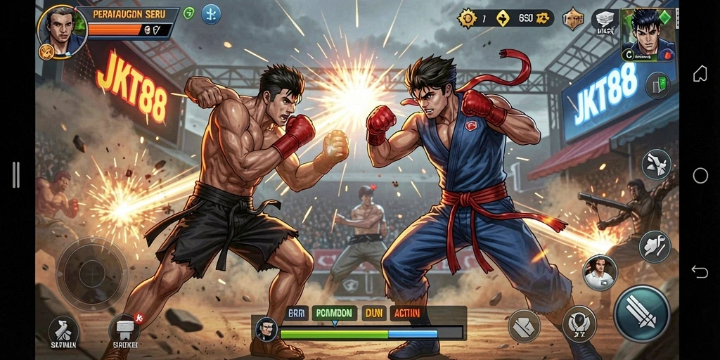 Tampilan aksi seru dari game JKT88 dengan pertarungan intens.