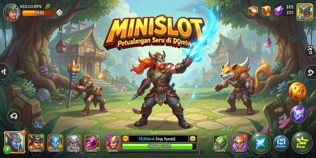 Screenshot gameplay MINISLOT menampilkan aksi pahlawan melawan monster di dunia fantasi.