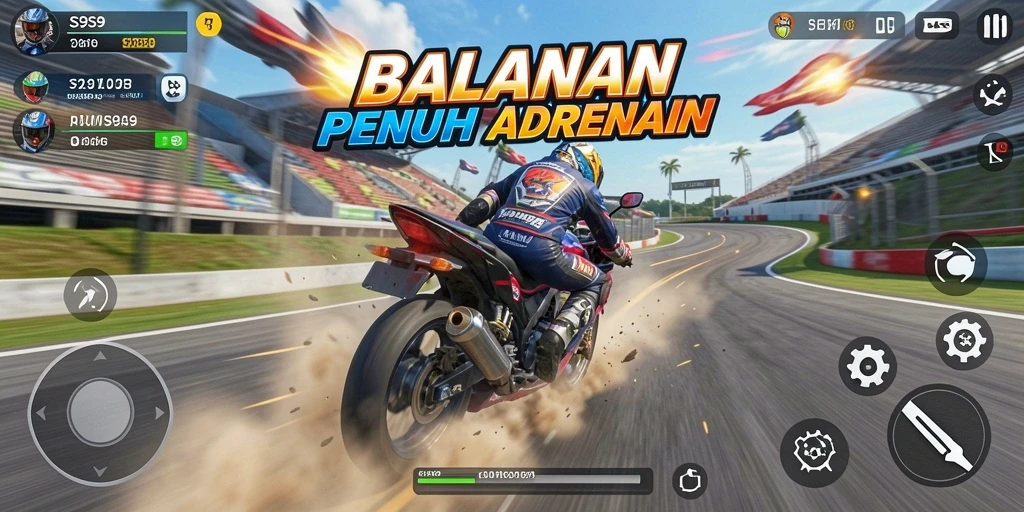 Tampilan utama gameplay S9S9 dengan balapan motor yang intens.