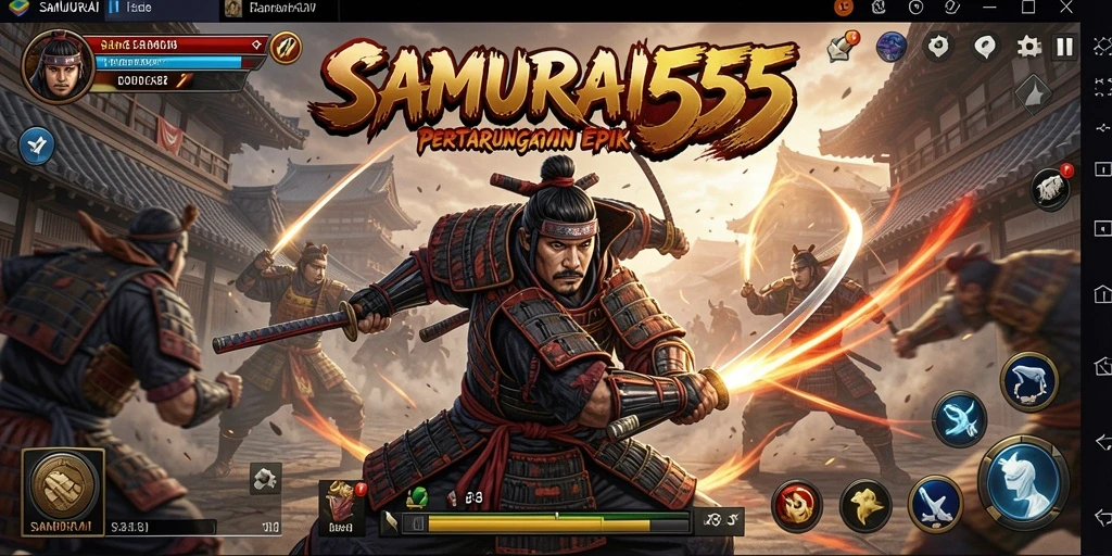 Tangkapan layar gameplay SAMURAI555 menampilkan pertarungan seru melawan musuh.