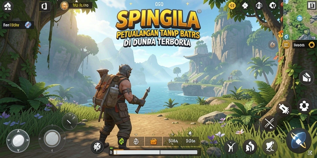 Screenshot gameplay SPINGILA menunjukkan keindahan dunia terbuka yang luas.