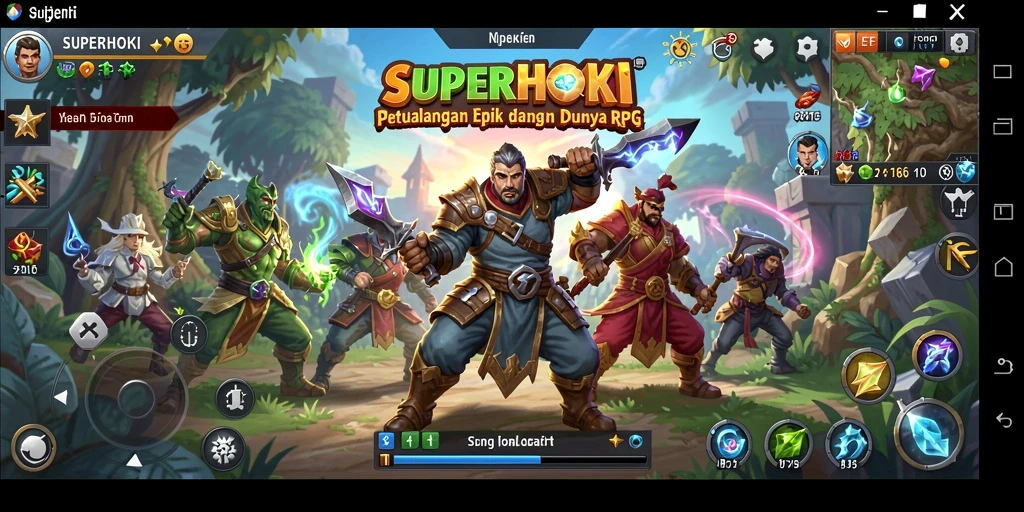 Screenshot utama dari gameplay RPG SUPERHOKI yang menampilkan pertempuran epik.